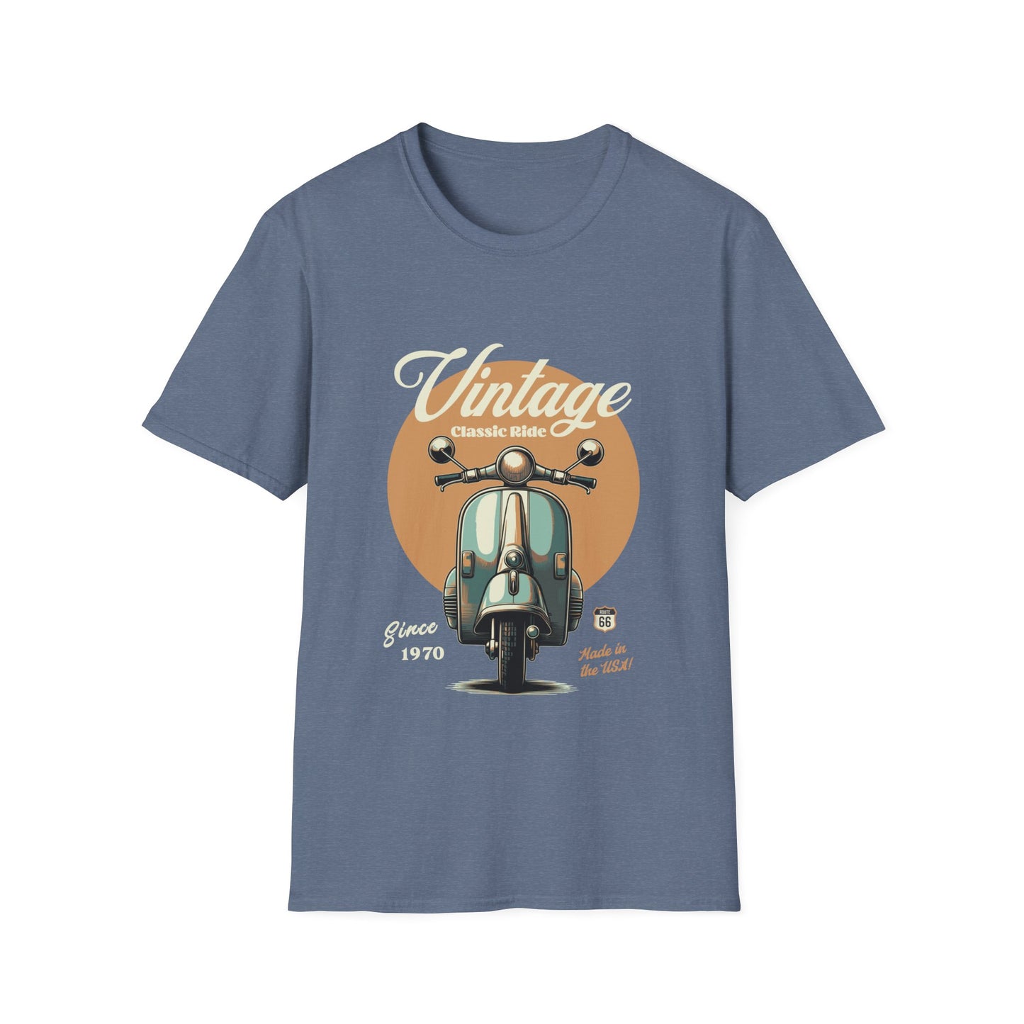Heather indigo t-shirt with vintage scooter graphic and text on a white background