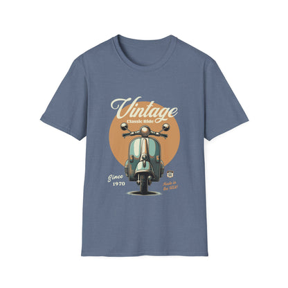 Heather indigo t-shirt with vintage scooter graphic and text on a white background