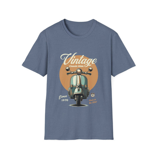 Heather indigo t-shirt with vintage scooter graphic and text on a white background