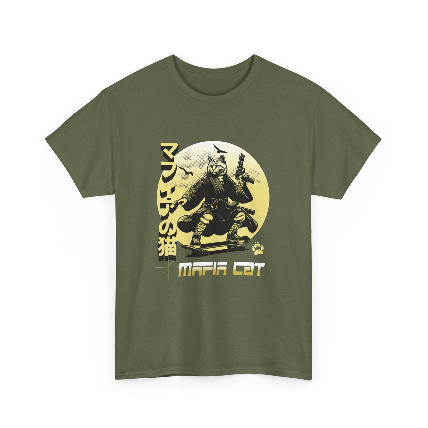 Green t-shirt with a graphic of a cat in a martial arts pose and 'Mafia Cat' text on a white background