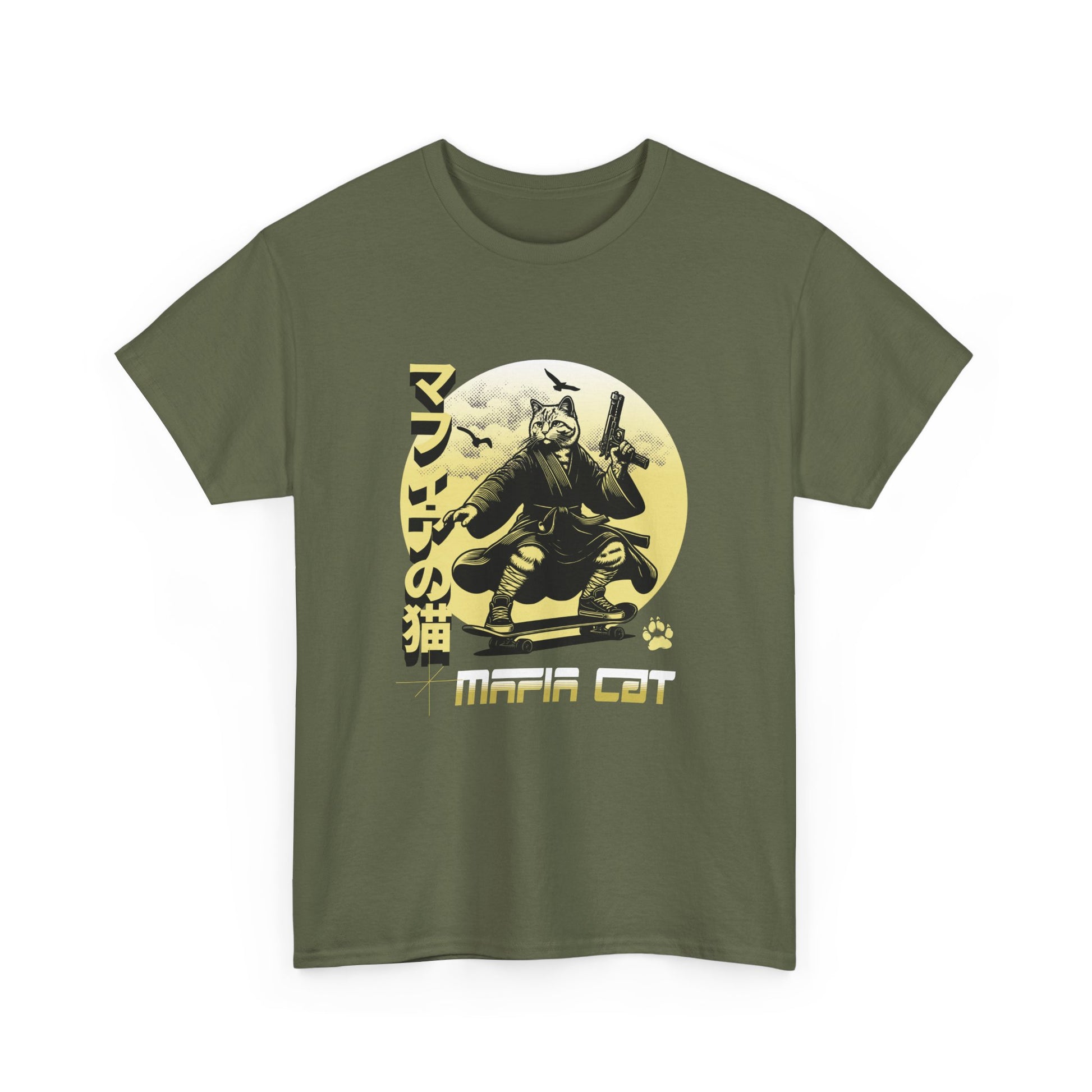 Green t-shirt with a graphic of a cat in a martial arts pose and 'Mafia Cat' text on a white background