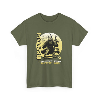 Green t-shirt with a graphic of a cat in a martial arts pose and 'Mafia Cat' text on a white background