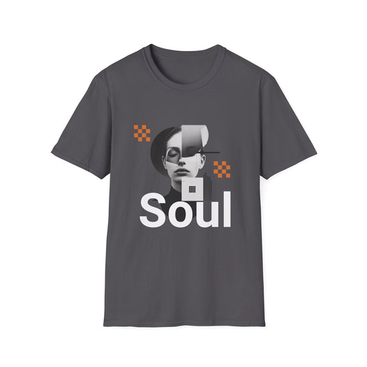 A grey graphic t-shirt depicting a collage and text that reads SOUL.