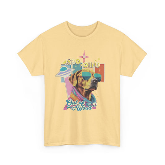Yellow Haze t-shirt with a retro Astro Hound yellow lab graphic wearing sunglasses, featuring UFO and "Out of This World" text.