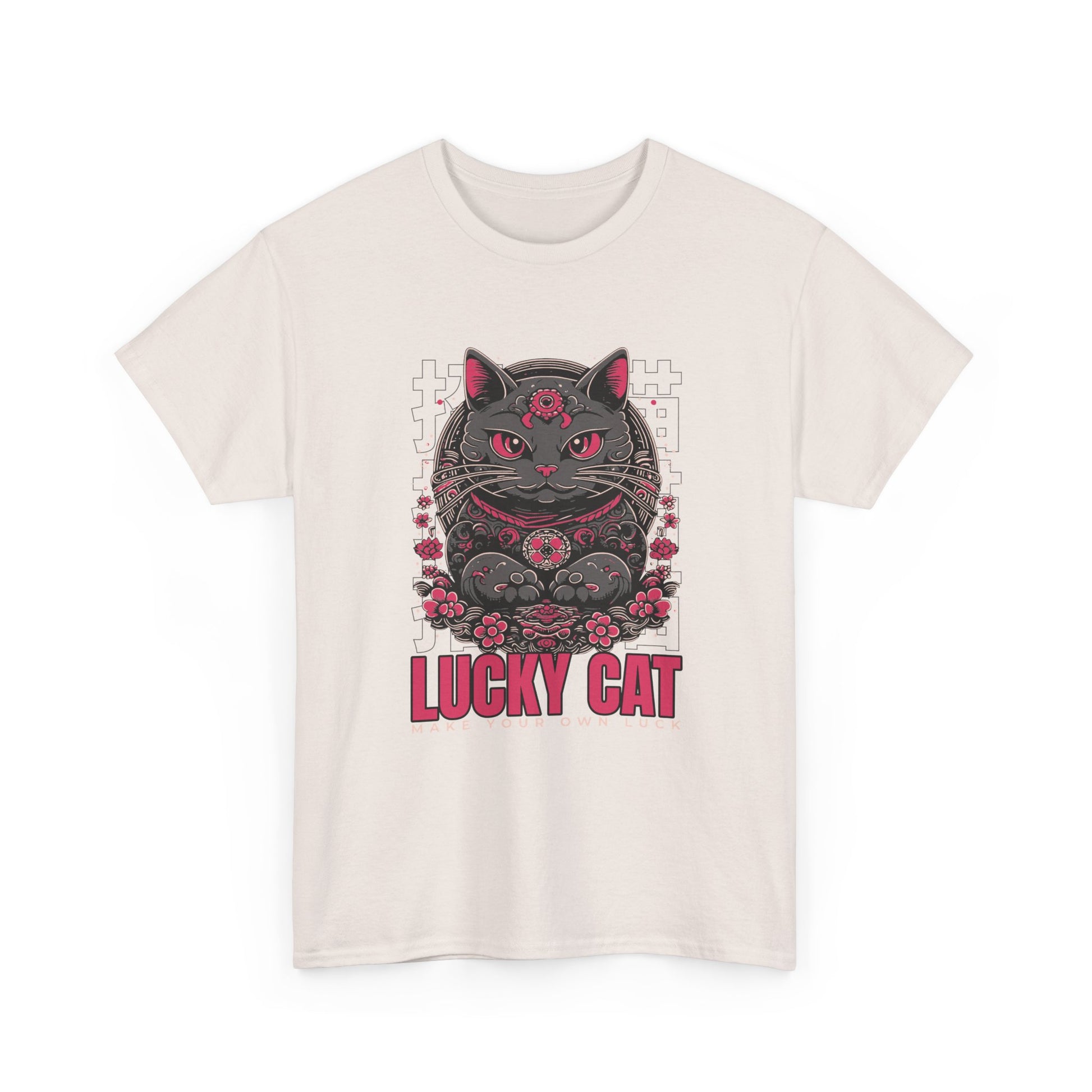 A ice grey t-shirt with a Japanese Meneki-neko cat graphic and the text 'Lucky Cat' on a white background.