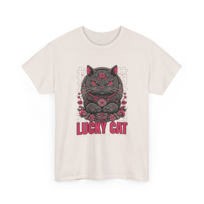 A ice grey t-shirt with a Japanese Meneki-neko cat graphic and the text 'Lucky Cat' on a white background.