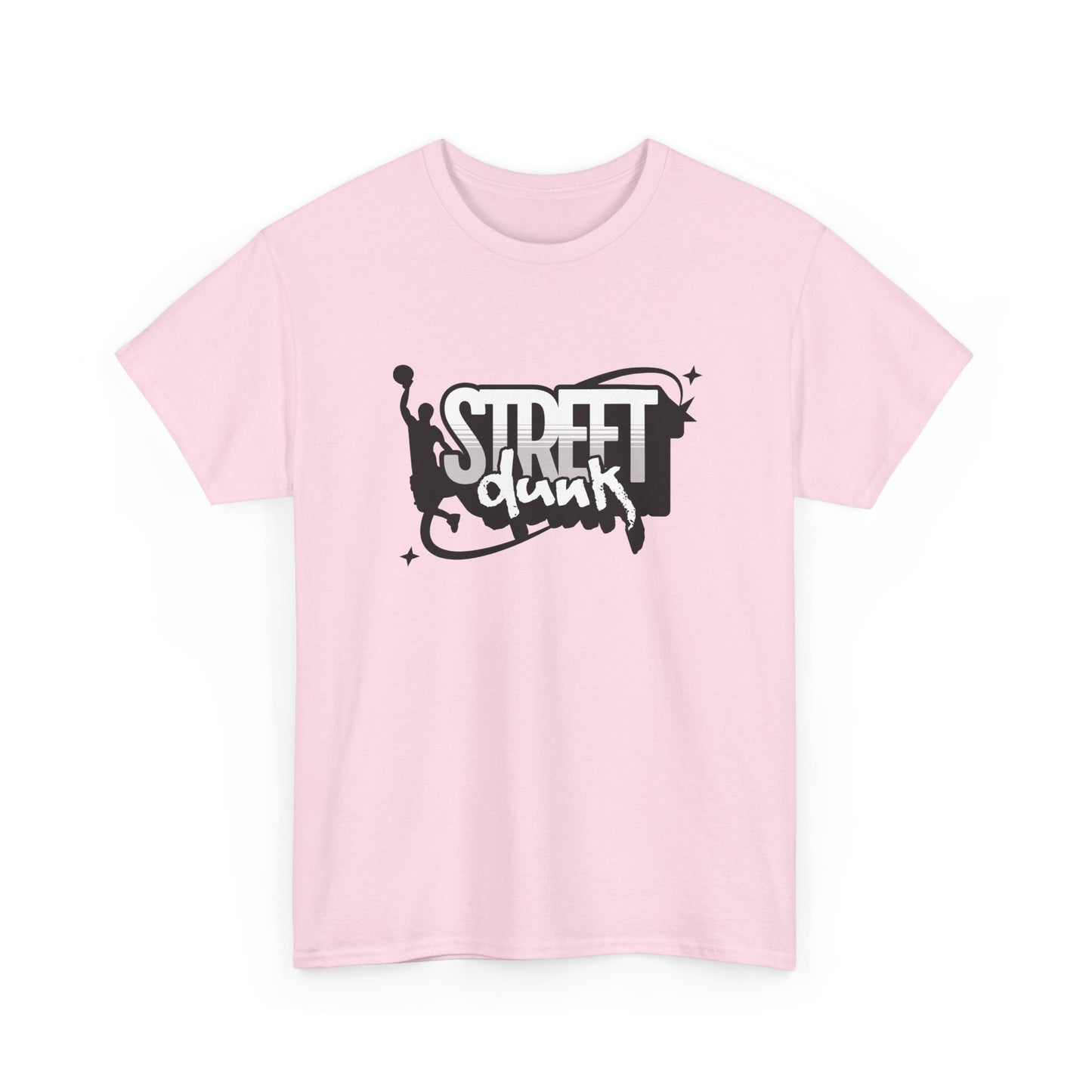 Trancegaze Street Dunk Basketball Tee in Light Pink. Urban streetwear graphic t-shirt featuring a stylized basketball player silhouette dunking next to bold graffiti-style text on a crisp white background.
