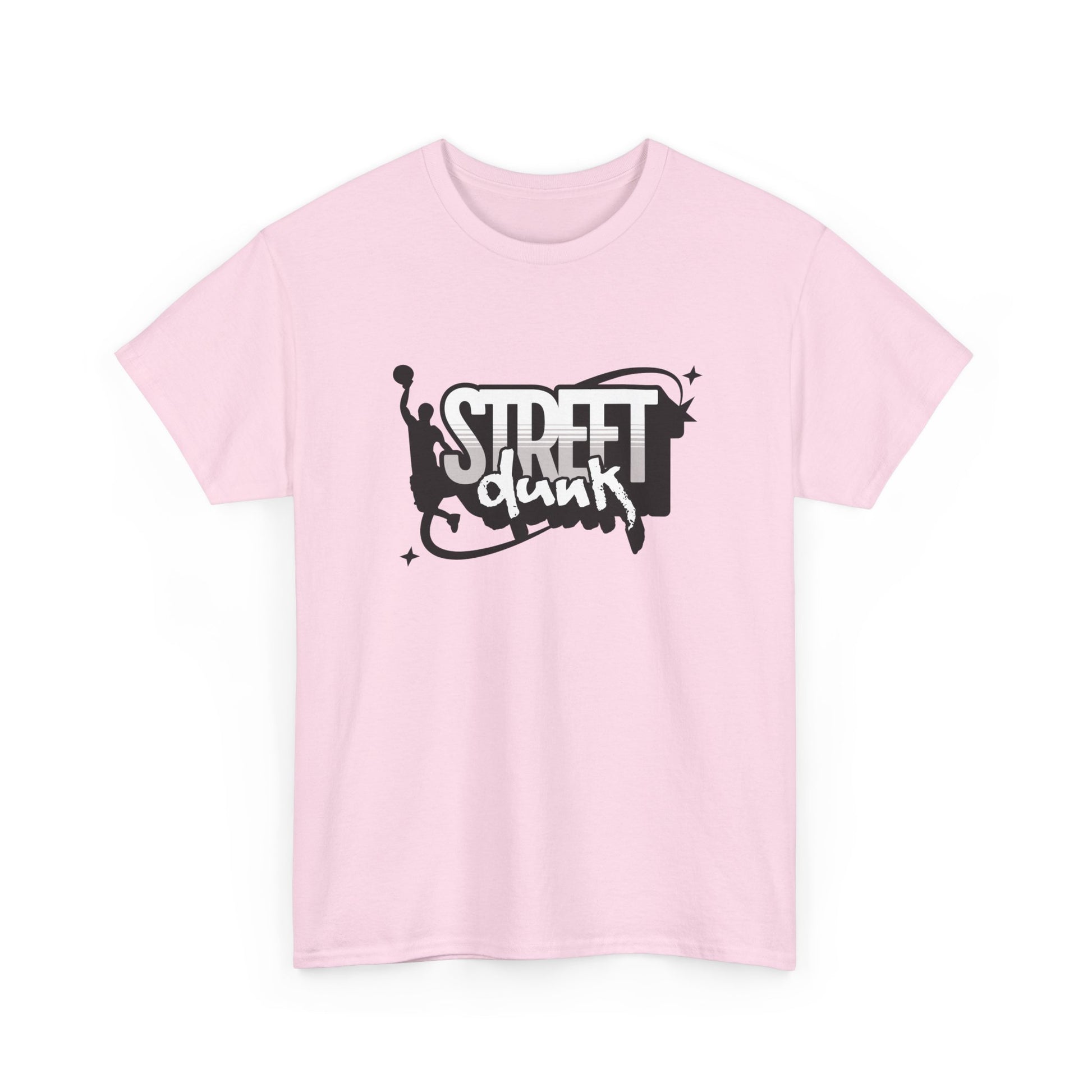 Trancegaze Street Dunk Basketball Tee in Light Pink. Urban streetwear graphic t-shirt featuring a stylized basketball player silhouette dunking next to bold graffiti-style text on a crisp white background.