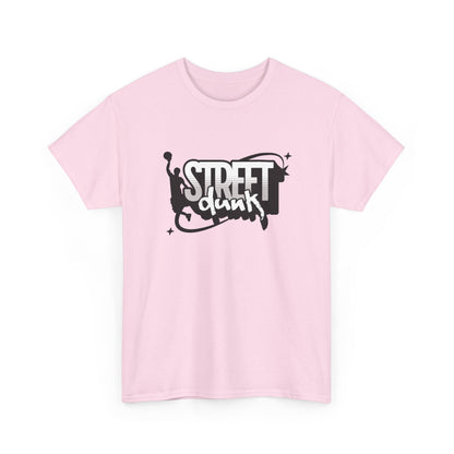 Trancegaze Street Dunk Basketball Tee in Light Pink. Urban streetwear graphic t-shirt featuring a stylized basketball player silhouette dunking next to bold graffiti-style text on a crisp white background.