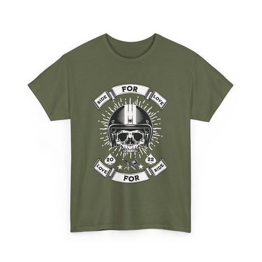 A military green Gildan 5000 unisex t-shirt with a skull rider graphic.