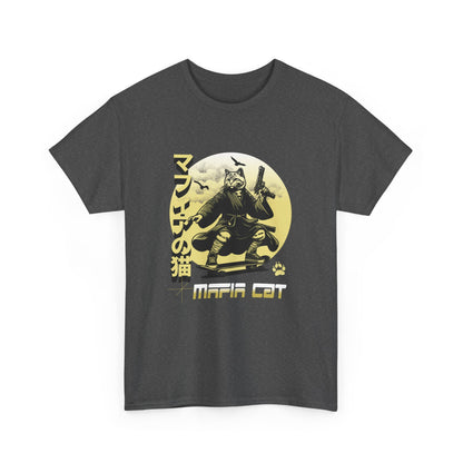 Black t-shirt with a graphic design of a cat in a mafia outfit and 'Mafia Cat' text on a white background.