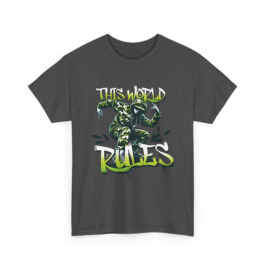A dark heather t-shirt with a  breakdancer graphic and 'This World Rules' text.