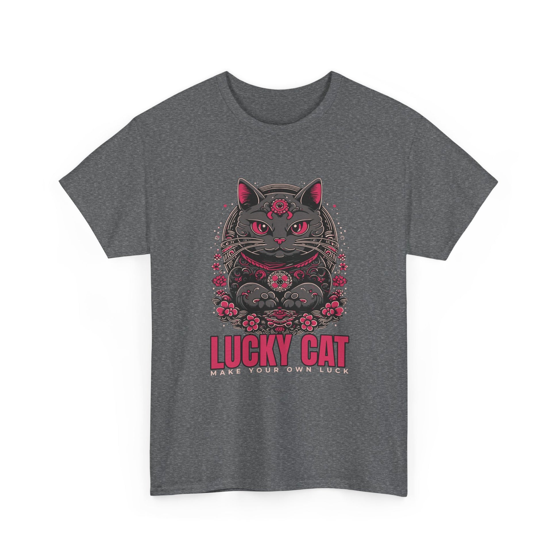 A heather grey t-shirt with a Japanese Meneki-neko cat graphic and the text 'Lucky Cat' on a white background.