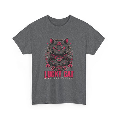 A heather grey t-shirt with a Japanese Meneki-neko cat graphic and the text 'Lucky Cat' on a white background.