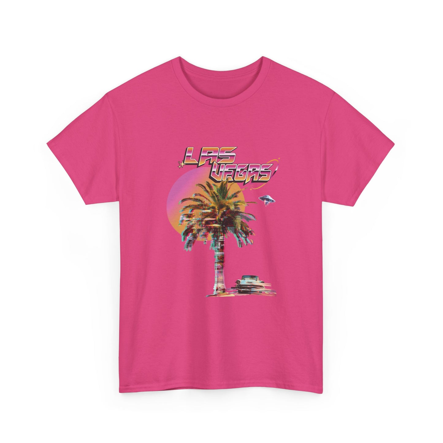 A heliconia pink t-shirt with a retro Las Vegas glitch graphic featuring a palm tree, a sunset, and UFOs over a desert landscape.