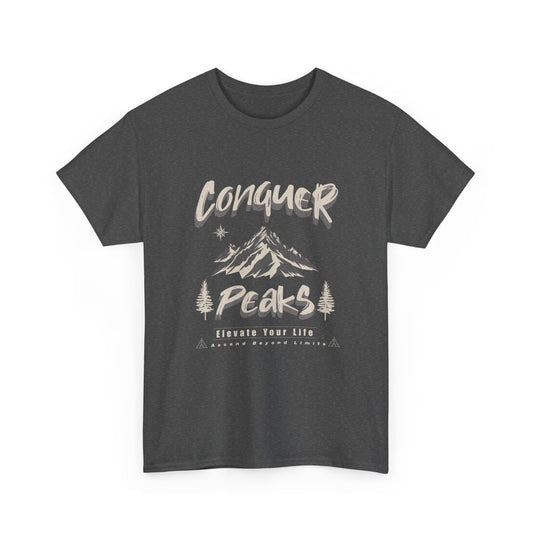 Dark gray t-shirt with mountain graphic and text 'Conquer Peaks' and 'Elevate your life'.