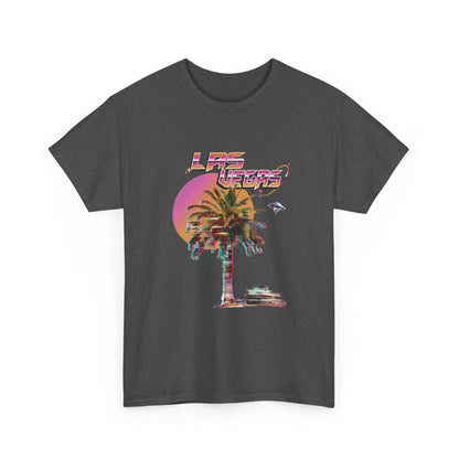 Dark gray t-shirt with 'Las Vegas' graphic design featuring a palm tree and sunset on a white background.