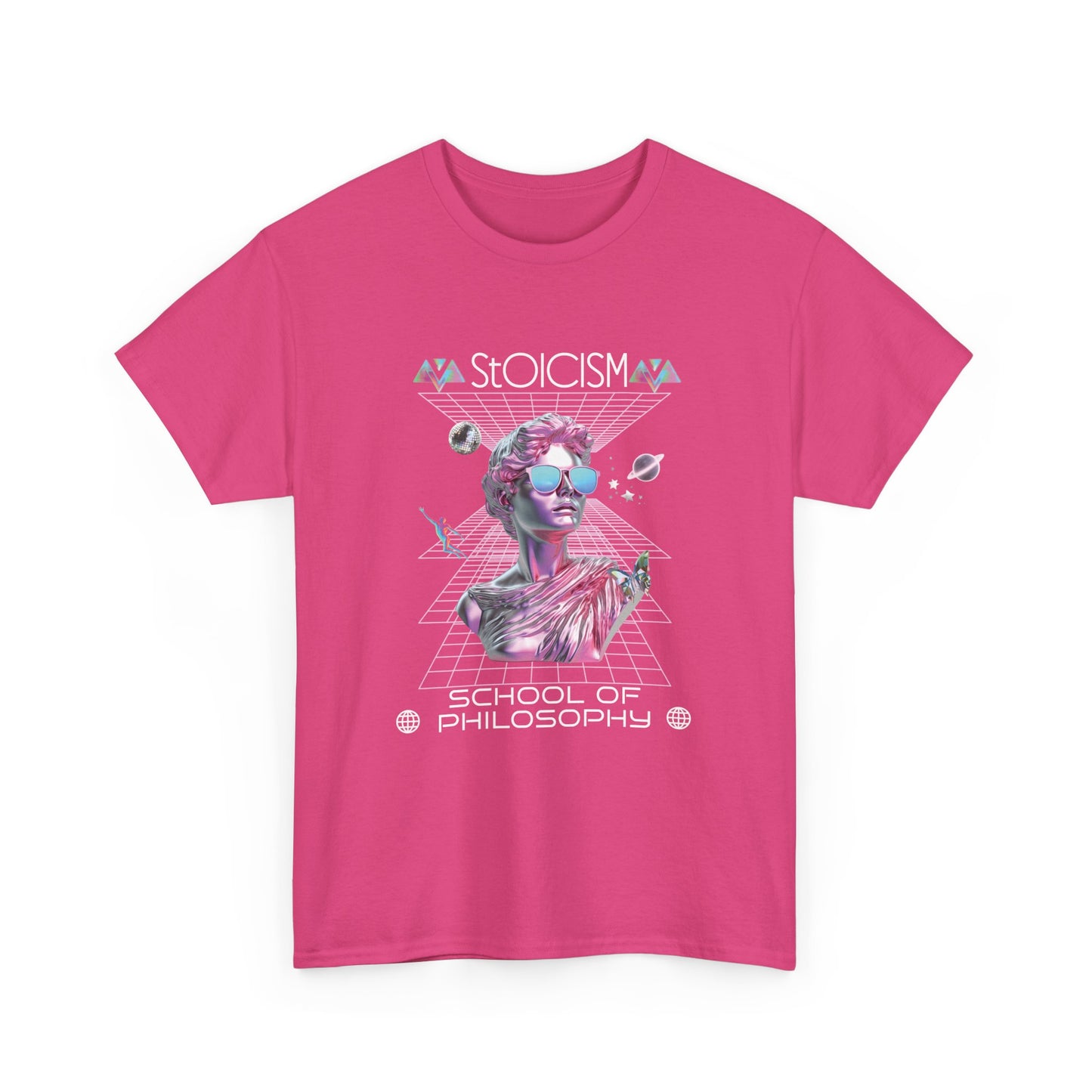 A heliconia pink t-shirt with a graphic design featuring a pink metallic bust in a futuristic, celestial scene  with the text 'Stoicism School of Philosophy' .