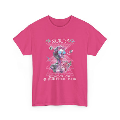 A heliconia pink t-shirt with a graphic design featuring a pink metallic bust in a futuristic, celestial scene  with the text 'Stoicism School of Philosophy' .