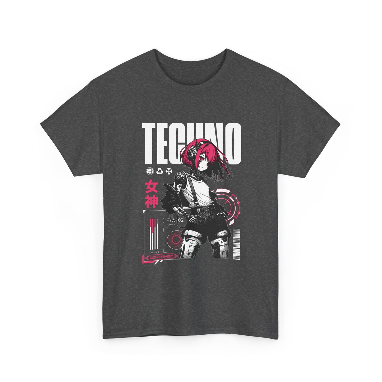 Dark gray t-shirt with graphic design featuring a  cyber girl with pink hair and 'TECHNO' text.