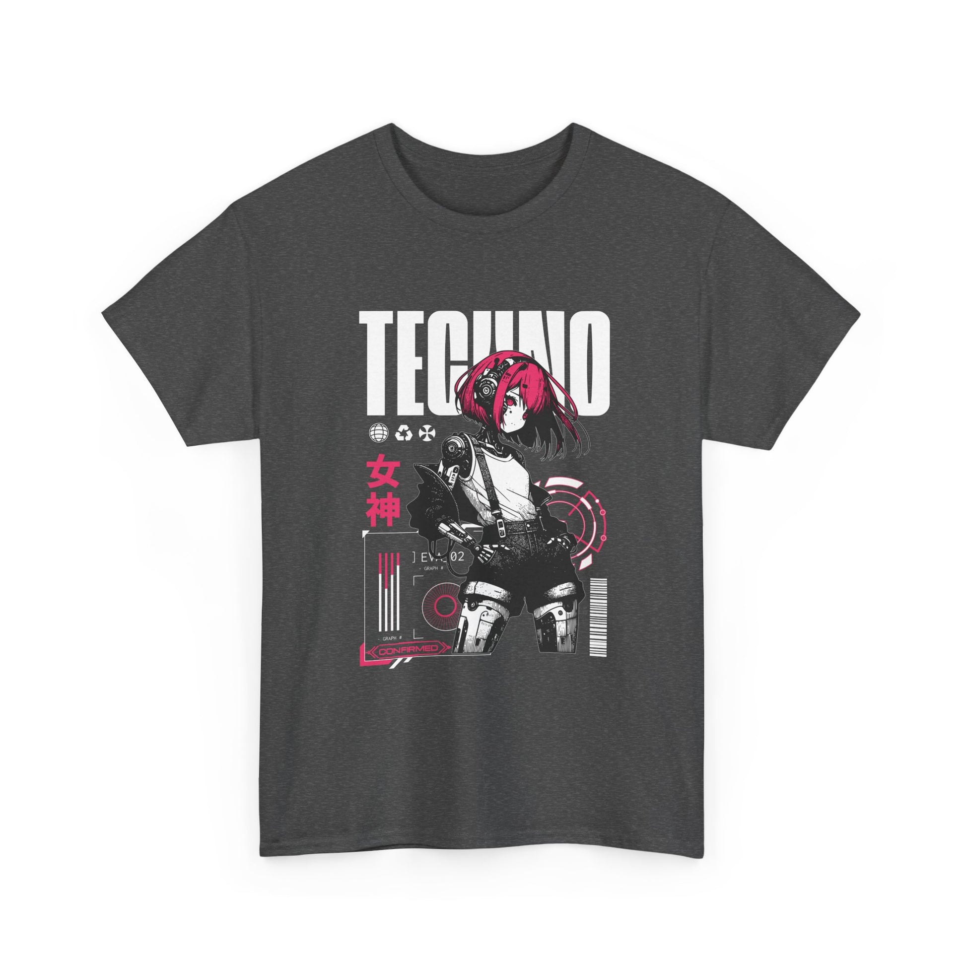 Dark gray t-shirt with graphic design featuring a  cyber girl with pink hair and 'TECHNO' text.