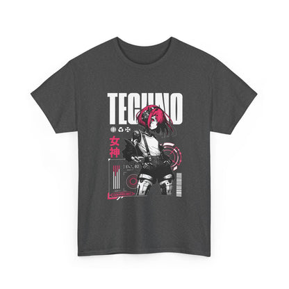 Dark gray t-shirt with graphic design featuring a  cyber girl with pink hair and 'TECHNO' text.