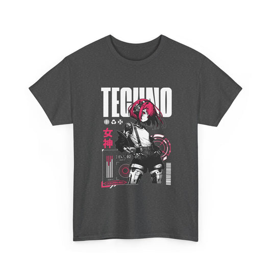 Dark gray t-shirt with graphic design featuring a  cyber girl with pink hair and 'TECHNO' text.