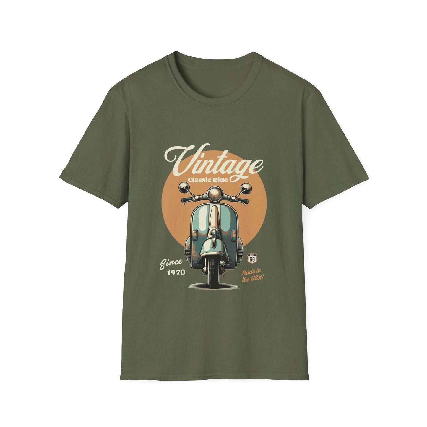Military Green t-shirt with vintage scooter graphic and text on a white background