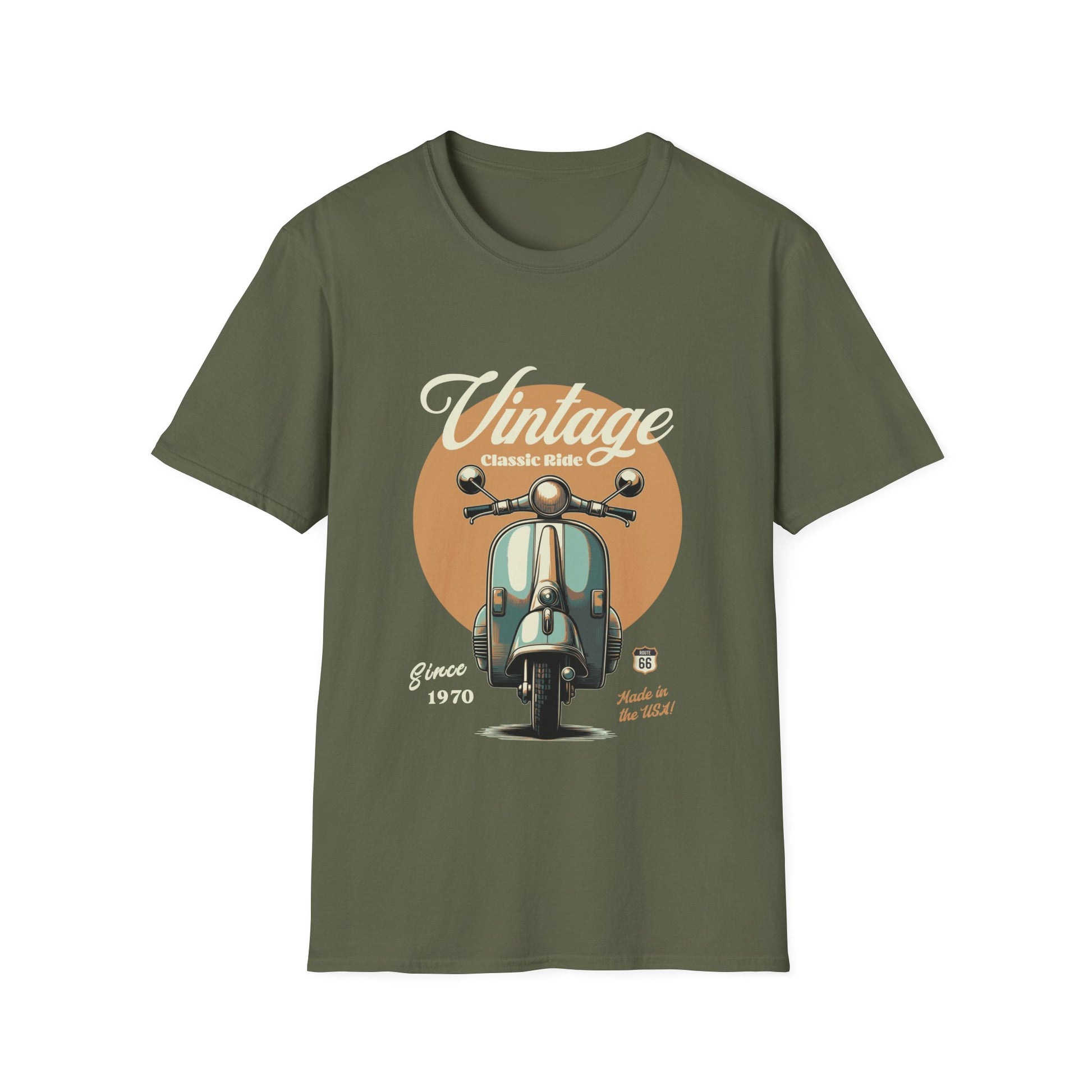 Military Green t-shirt with vintage scooter graphic and text on a white background