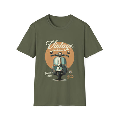 Military Green t-shirt with vintage scooter graphic and text on a white background