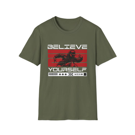 Military green tee Believe in Yourself text