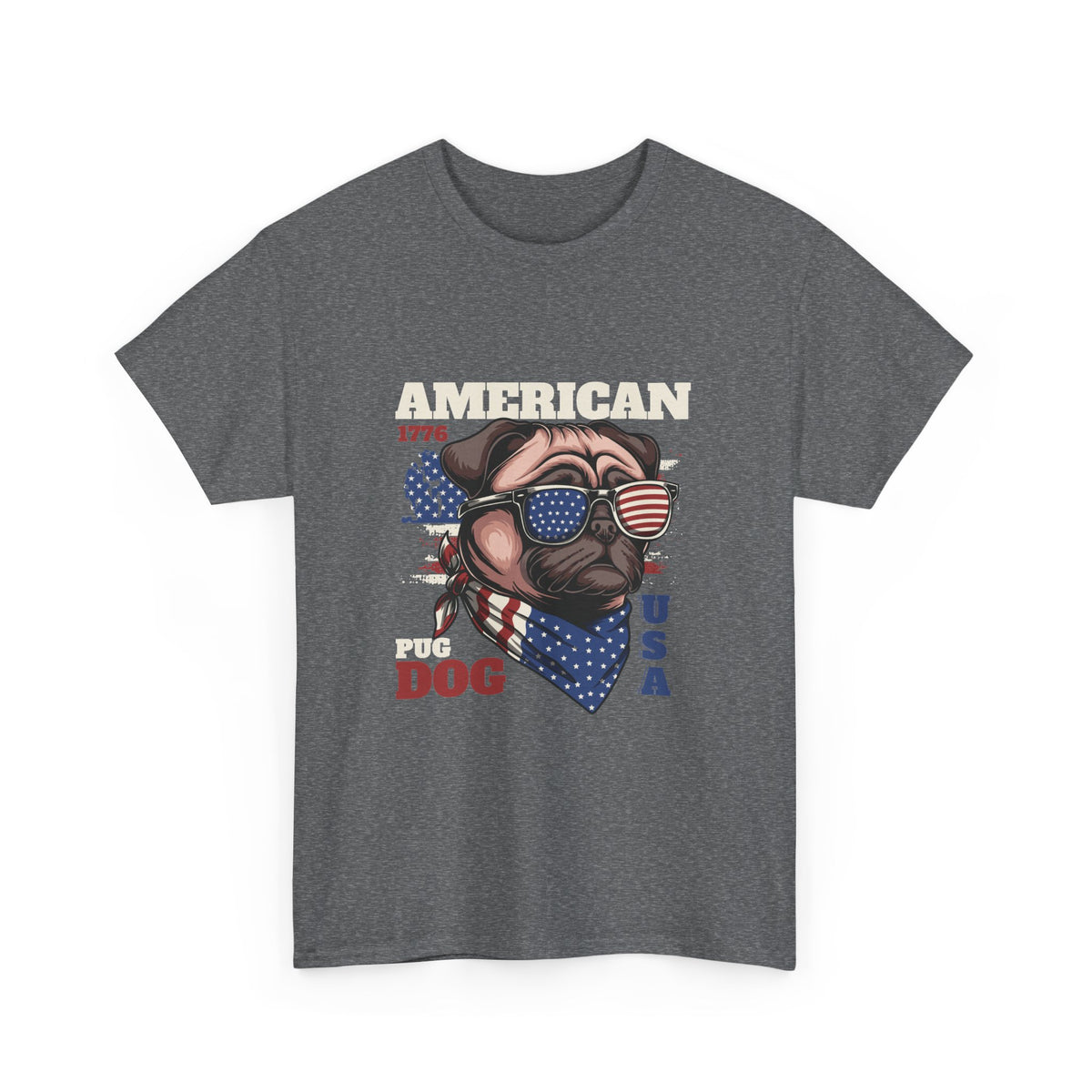 A heather grey short-sleeve t-shirt with a patriotic graphic of a pug dog wearing sunglasses and a bandana, with the text 'AMERICAN FUG DOG' and 'USA' printed around it.