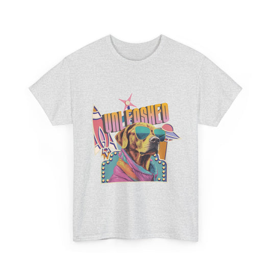 Ash Gray t-shirt with a colorful vintage spaceship graphic of a dog wearing sunglasses and text that reads 'Unleashed'.