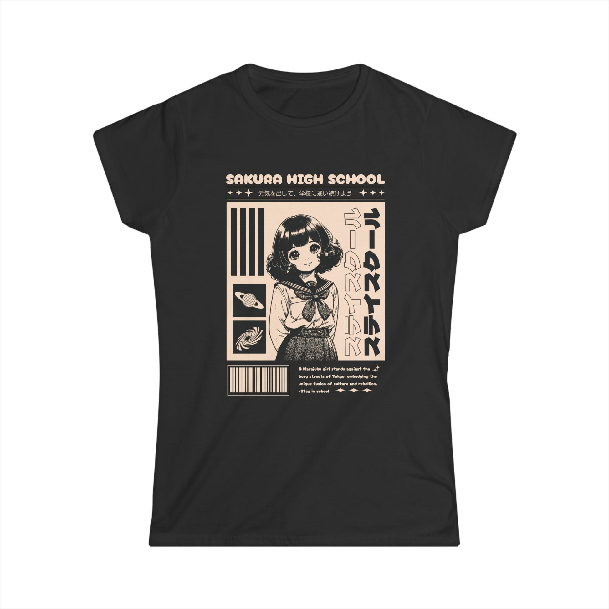 Black t-shirt with an anime-style graphic of a girl and text on a white background