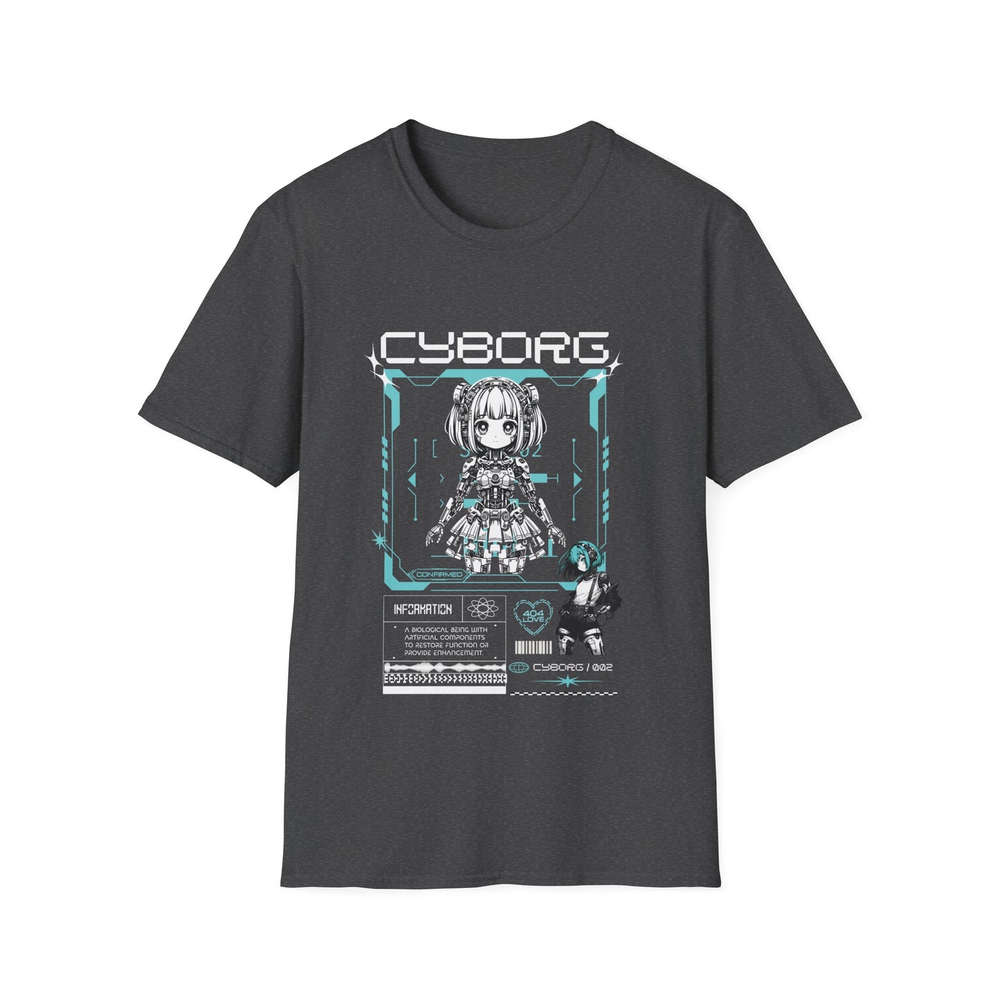 A dark heather grey t-shirt featuring a detailed white and blue cyberpunk anime graphic of a cyborg girl with mechanical hair accessories. The word 'CYBORG' is printed in a large, futuristic font at the top. The design includes technical HUD elements, a 'CONFIRMED' status box, a small barcode, and an 'INFORMATION' panel with technical text at the bottom.