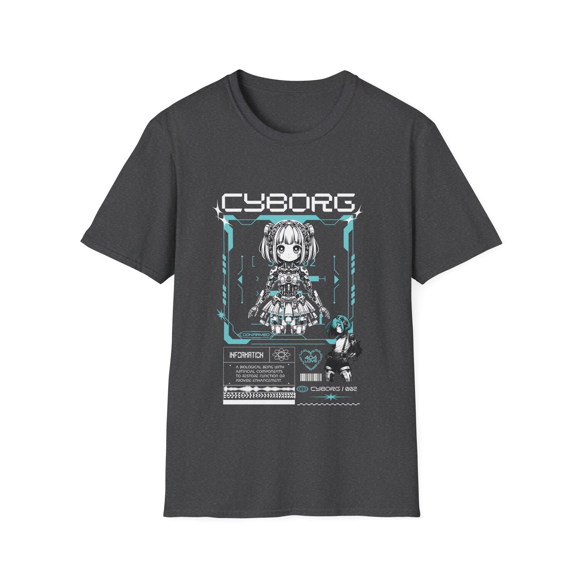 A dark heather grey t-shirt featuring a detailed white and blue cyberpunk anime graphic of a cyborg girl with mechanical hair accessories. The word 'CYBORG' is printed in a large, futuristic font at the top. The design includes technical HUD elements, a 'CONFIRMED' status box, a small barcode, and an 'INFORMATION' panel with technical text at the bottom.