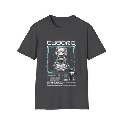 A dark heather grey t-shirt featuring a detailed white and blue cyberpunk anime graphic of a cyborg girl with mechanical hair accessories. The word 'CYBORG' is printed in a large, futuristic font at the top. The design includes technical HUD elements, a 'CONFIRMED' status box, a small barcode, and an 'INFORMATION' panel with technical text at the bottom.
