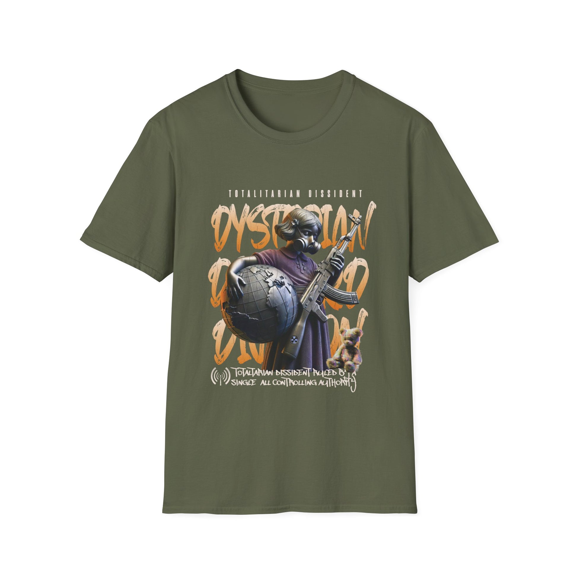 Military green  t-shirt with dystopian graphic design featuring a young girl with the words totalitarian dissident.