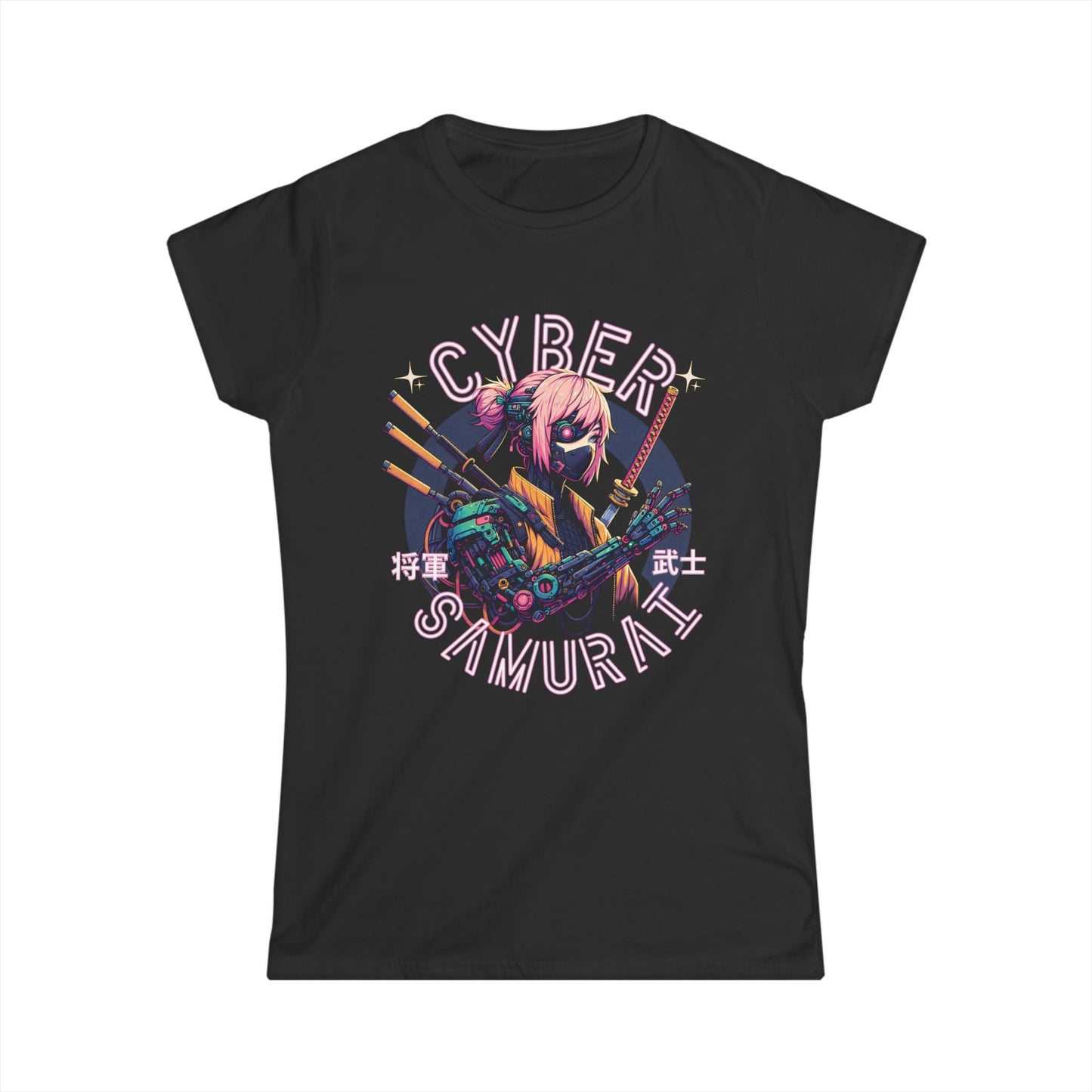 Black t-shirt with 'Cyber Samurai' graphic design on a white background