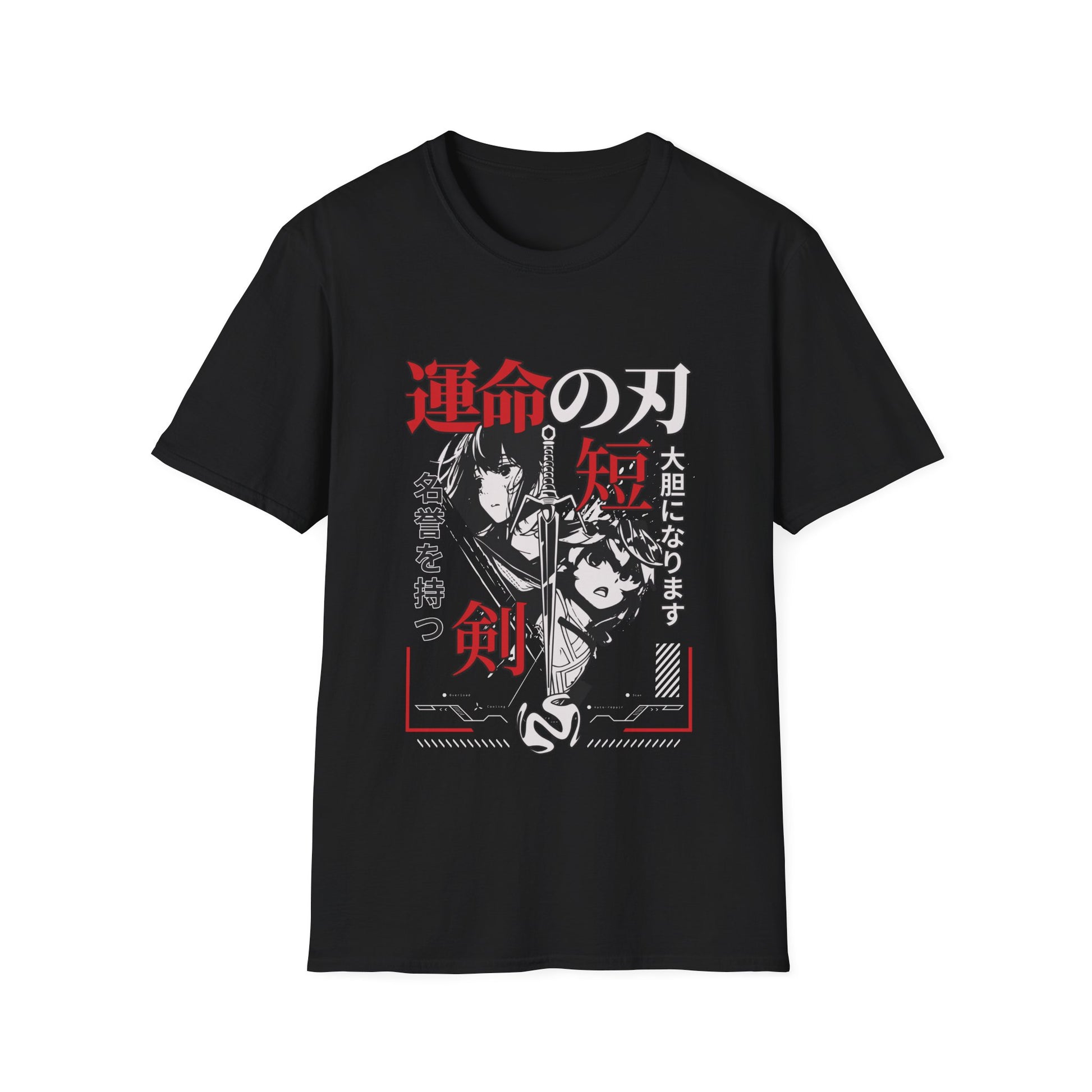 Black t-shirt with anime-style design featuring two characters and Japanese text on a white background.