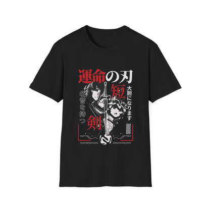 Black t-shirt with anime-style design featuring two characters and Japanese text on a white background.
