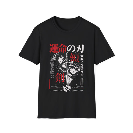 Black t-shirt with anime-style design featuring two characters and Japanese text on a white background.