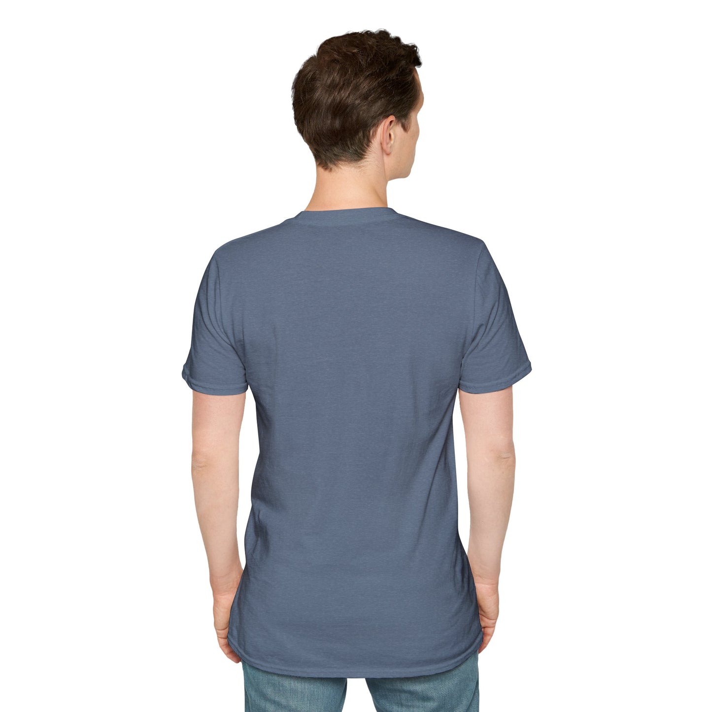 Person wearing a blue t-shirt on a white background