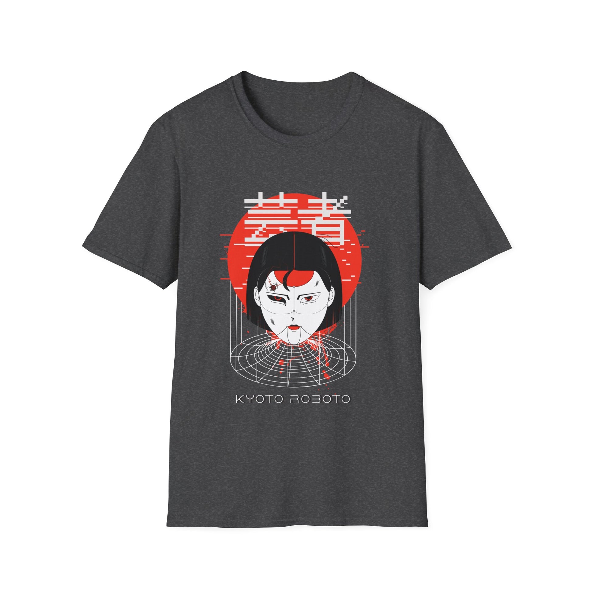 Heather gray t-shirt with a graphic design of a Japanese cyber woman against a red sun with text "Kyoto Roboto".