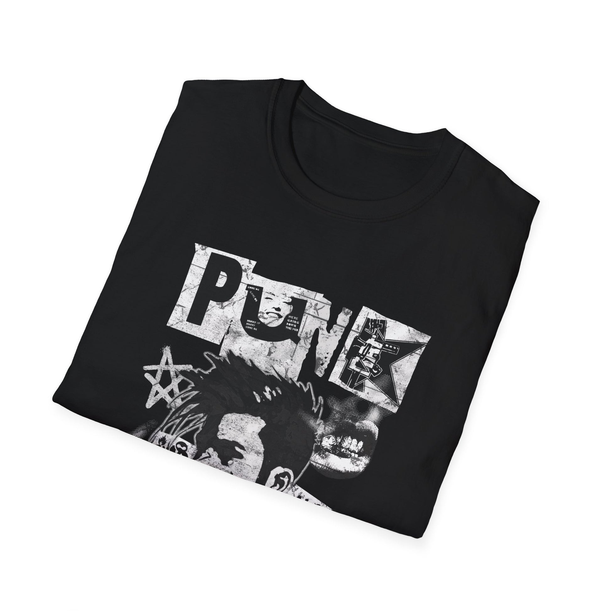 Folded black t-shirt with graphic design on a white background