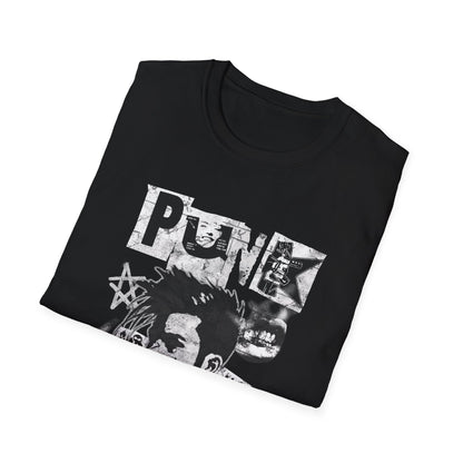 Folded black t-shirt with graphic design on a white background