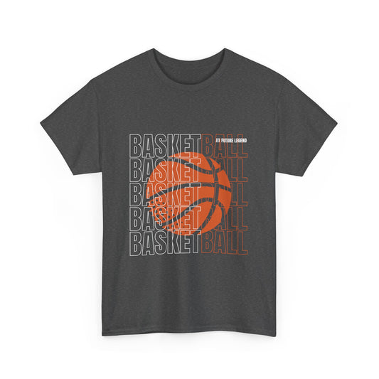 A gray t-shirt with a graphic print of a basketball and the text 'BASKETBALL' in a circular pattern.