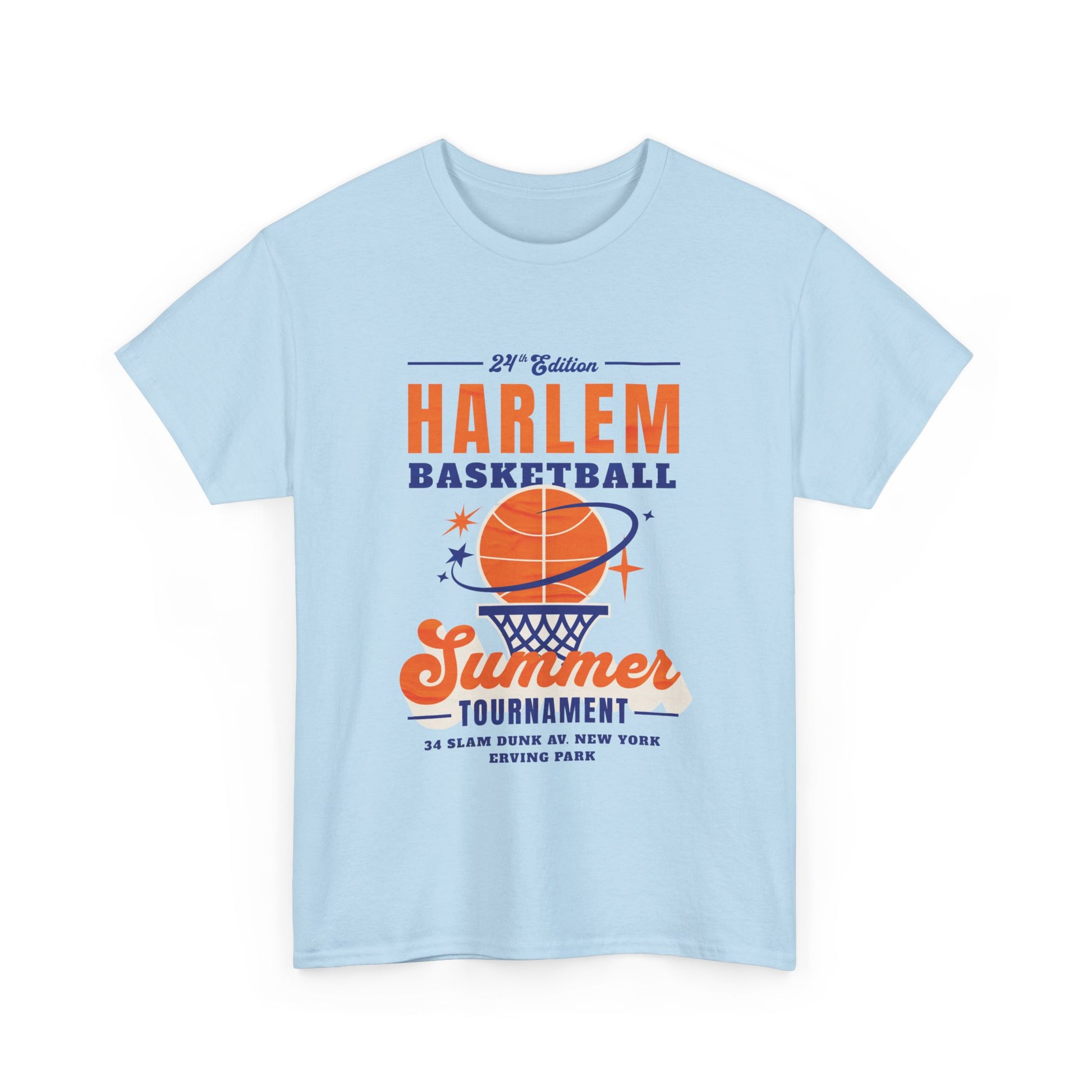 a light blue t-shirt with Harlem Basketball Summer Tournament design 