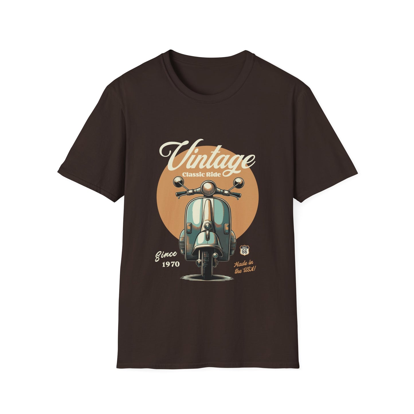 Brown t-shirt with vintage scooter graphic and text on a white background