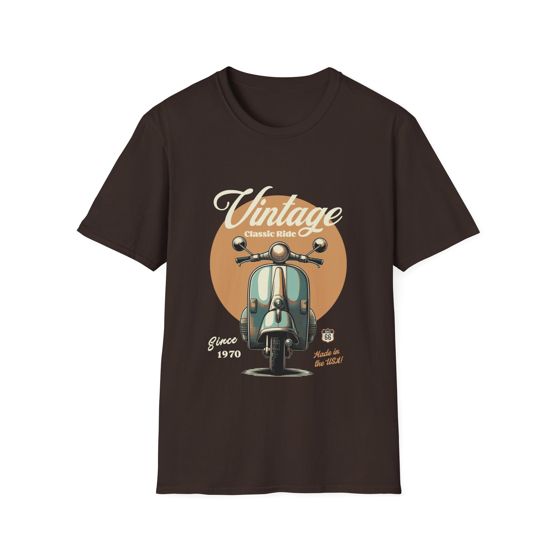 Brown t-shirt with vintage scooter graphic and text on a white background